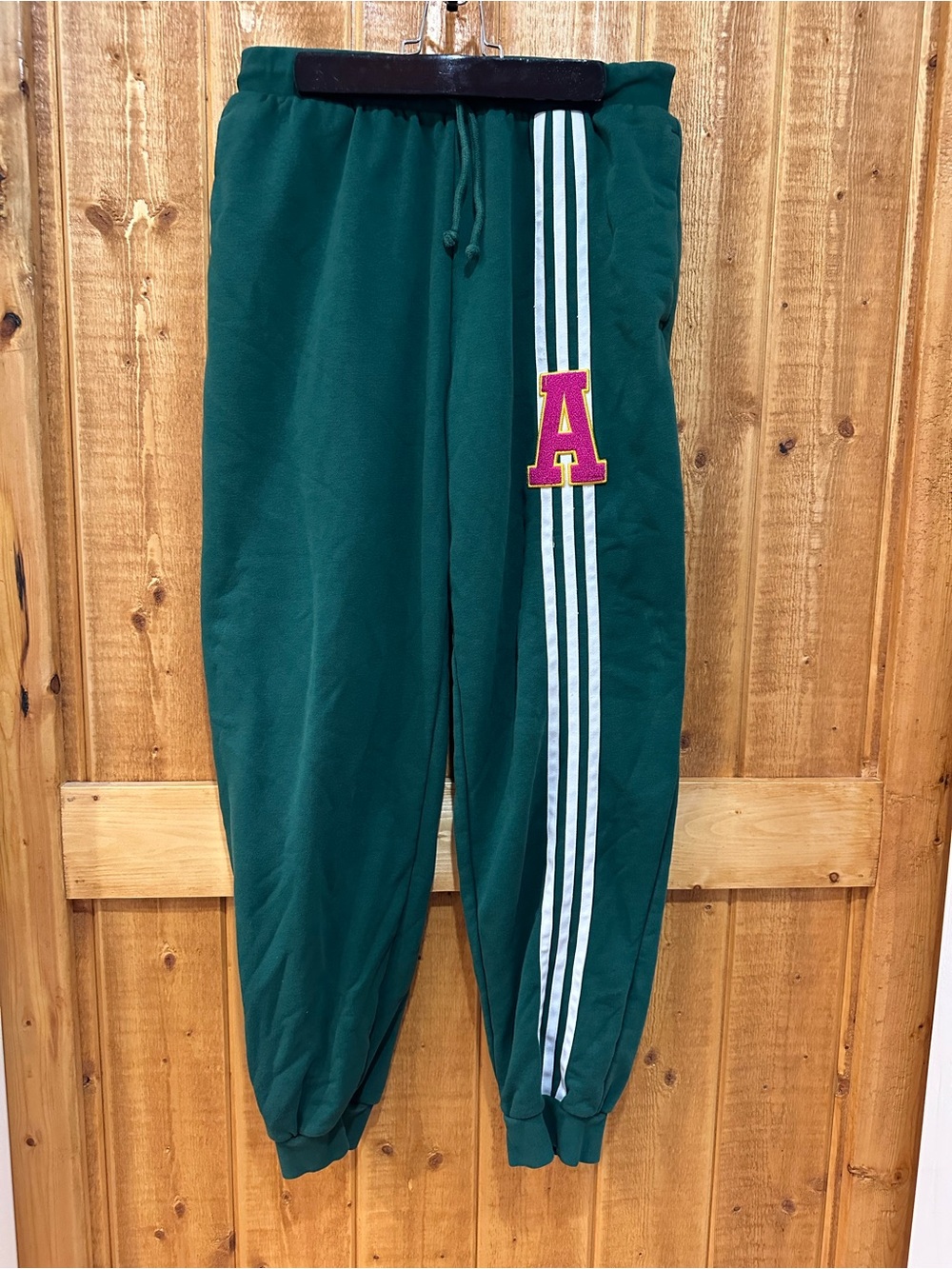 adidas Originals Varsity Logo Green/White 3-Stripes Jogger Pants Drawstring L